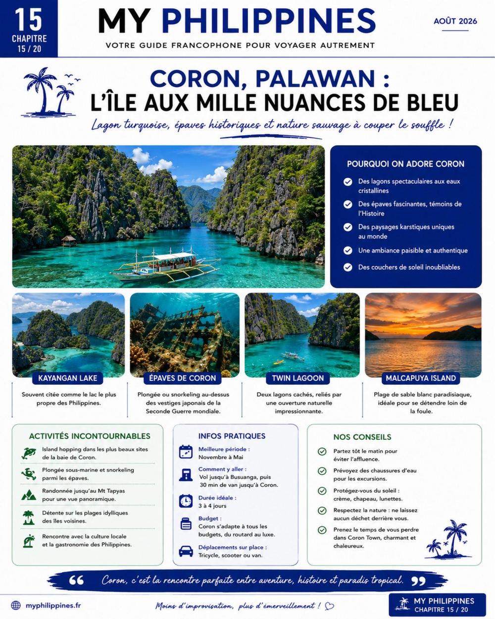 Page du magazine consacrée à Coron, Palawan