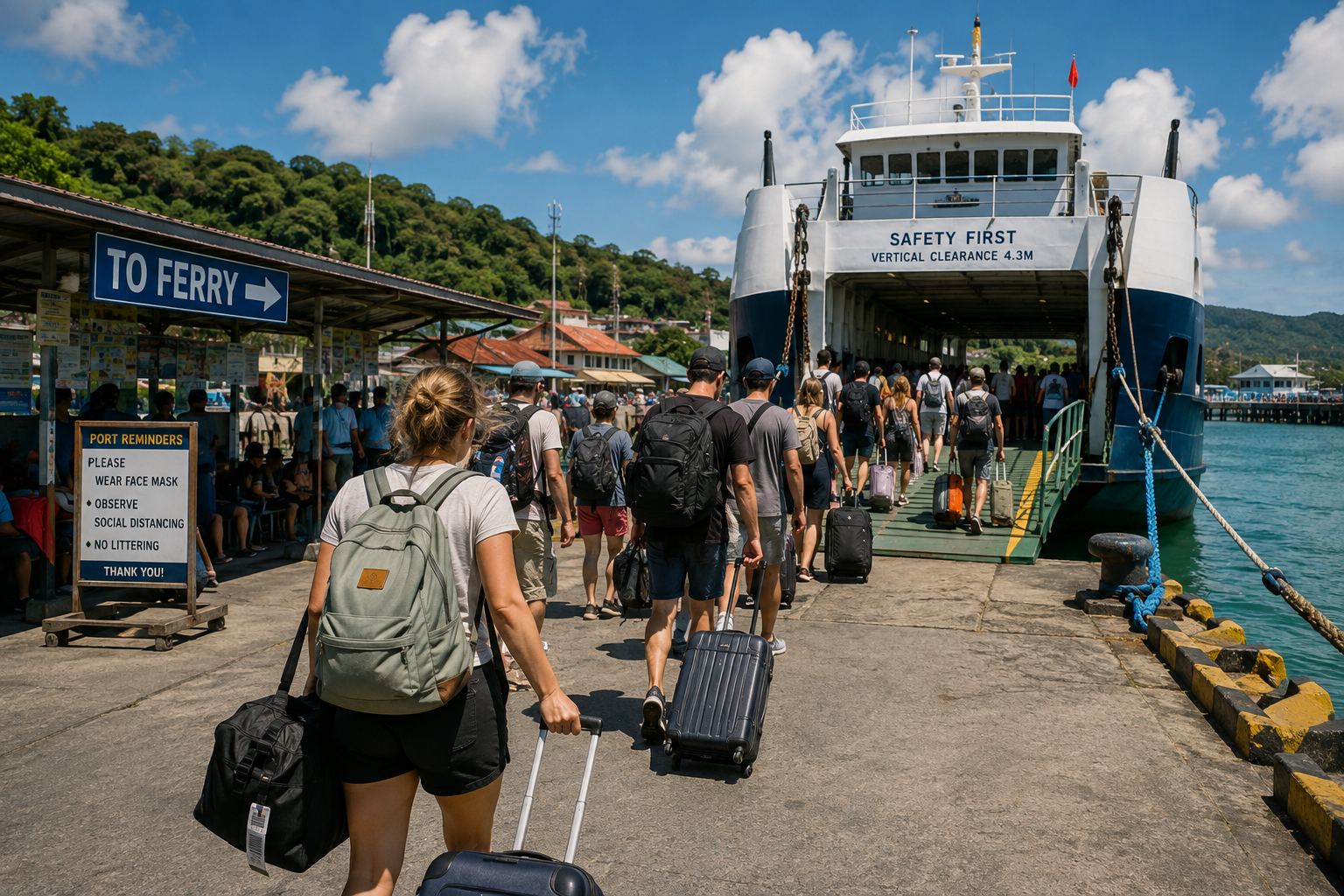 Voyageurs embarquant avec leurs bagages sur un ferry aux Philippines