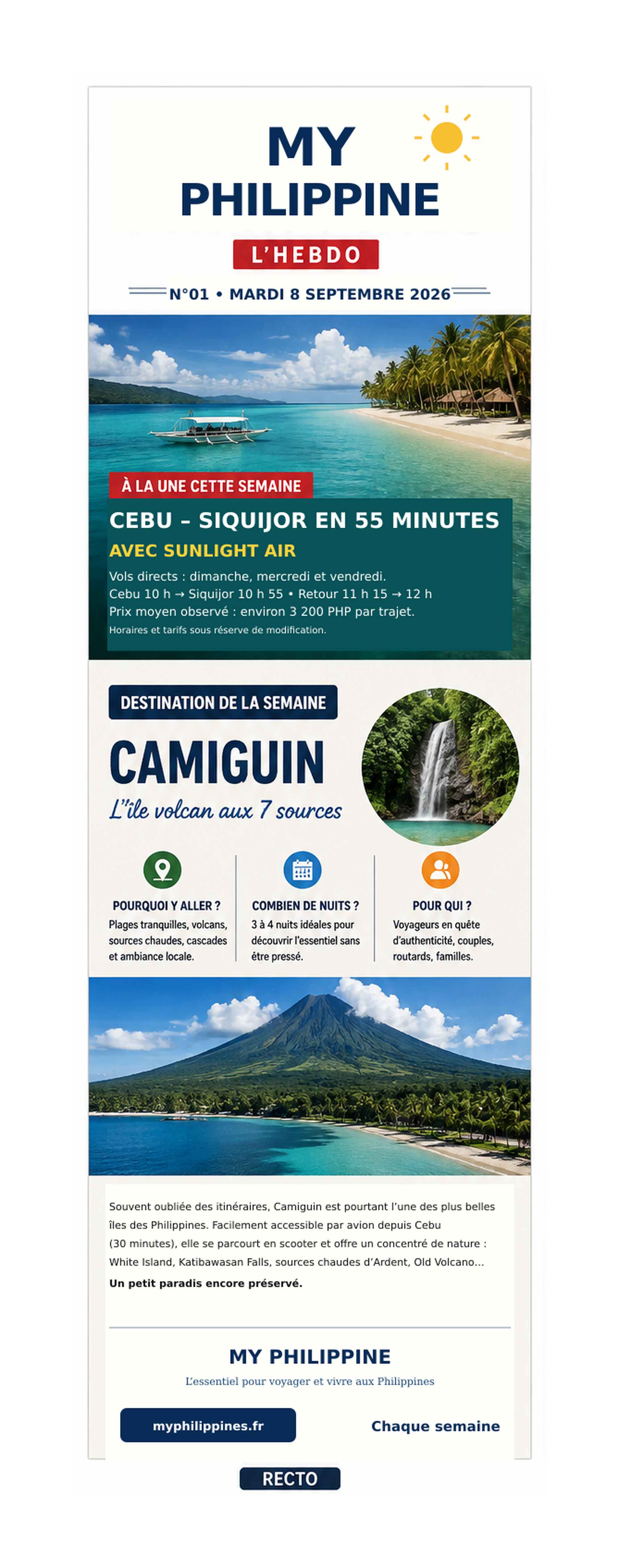 Recto de L'Hebdo My Philippines n°1 consacré au vol Cebu–Siquijor et à Camiguin