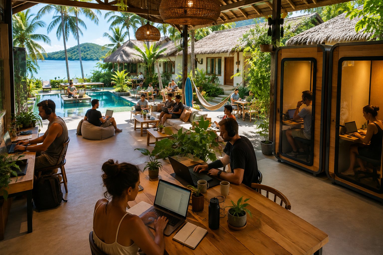 Espace de coworking d'un coliving à Panglao (Bohol) avec des personnes attablées, la piscine du resort et la mer en arrière-plan