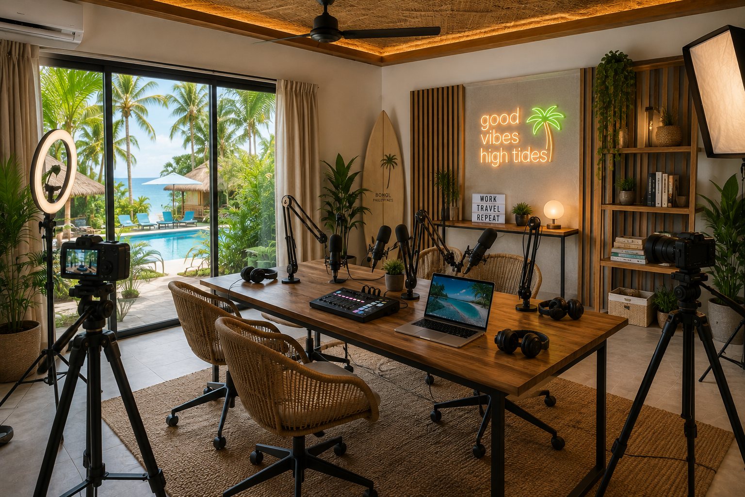 Studio vidéo et podcast d'un coliving pour digital nomads à Bohol, aménagé dans un décor tropical