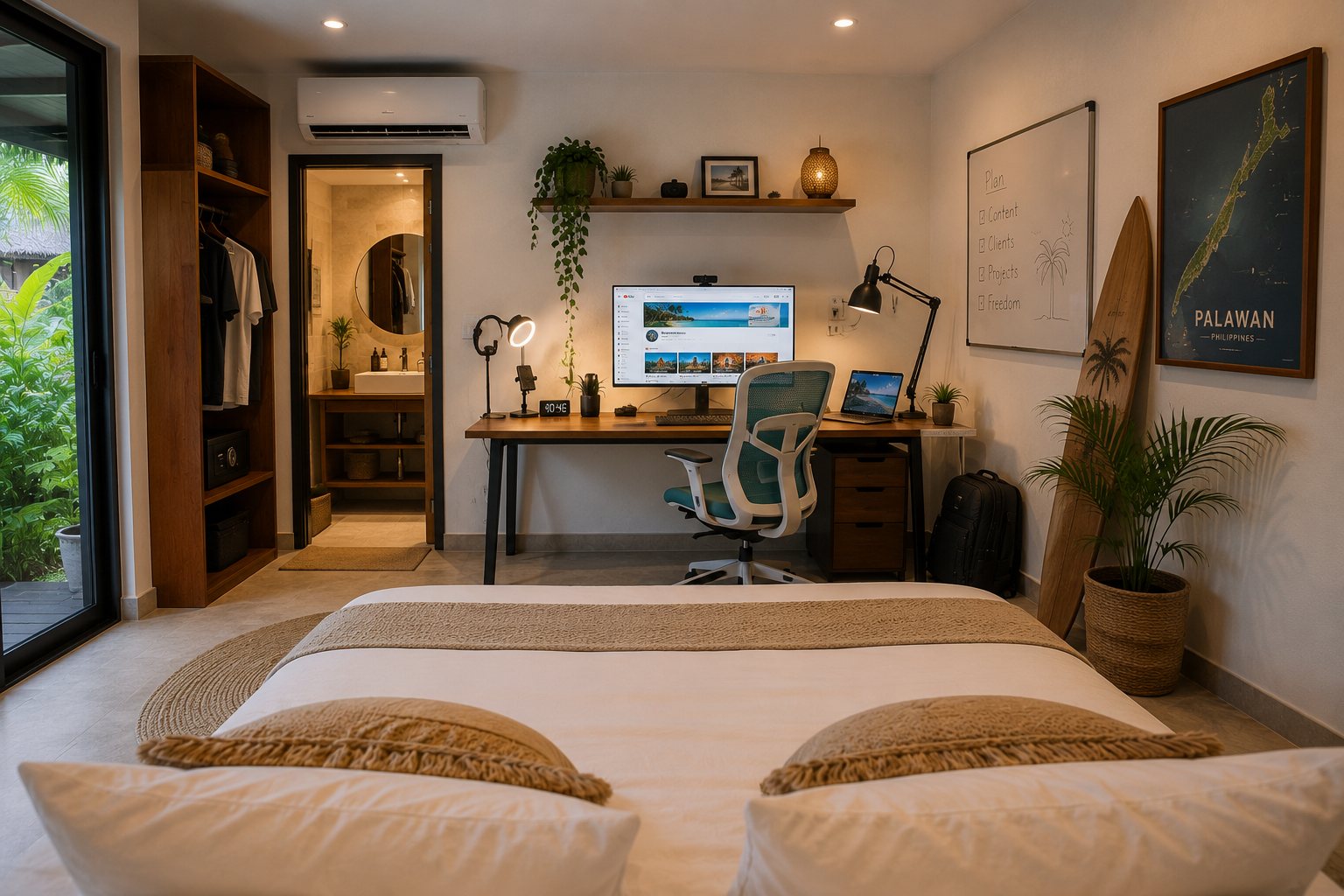 Chambre Work & Sleep d'un coliving pour digital nomads à Panglao, avec bureau, chaise ergonomique et écran 27 pouces