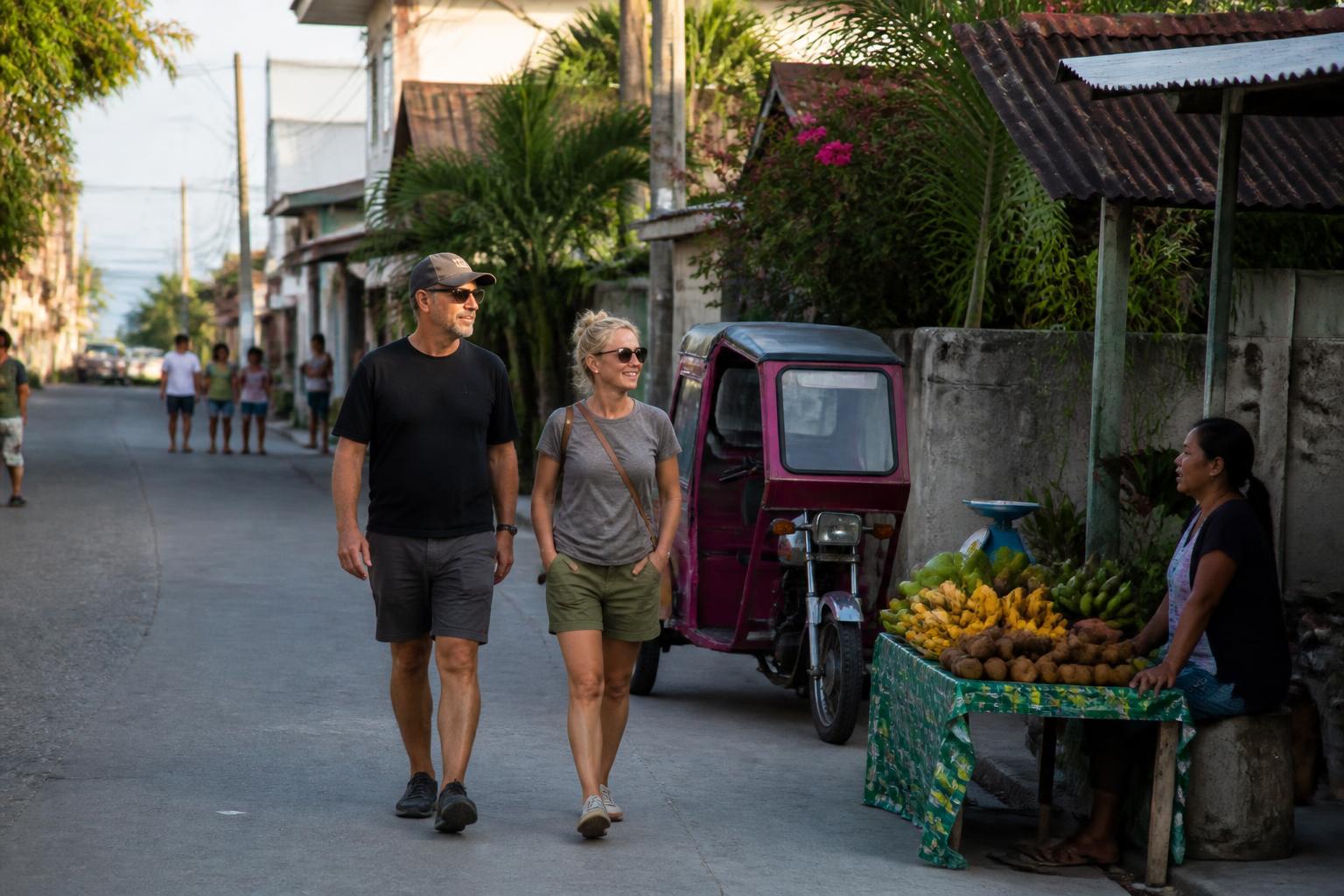 Couple d'expatriés découvrant à pied un quartier de ville côtière aux Philippines, devant un étal de fruits local et un tricycle