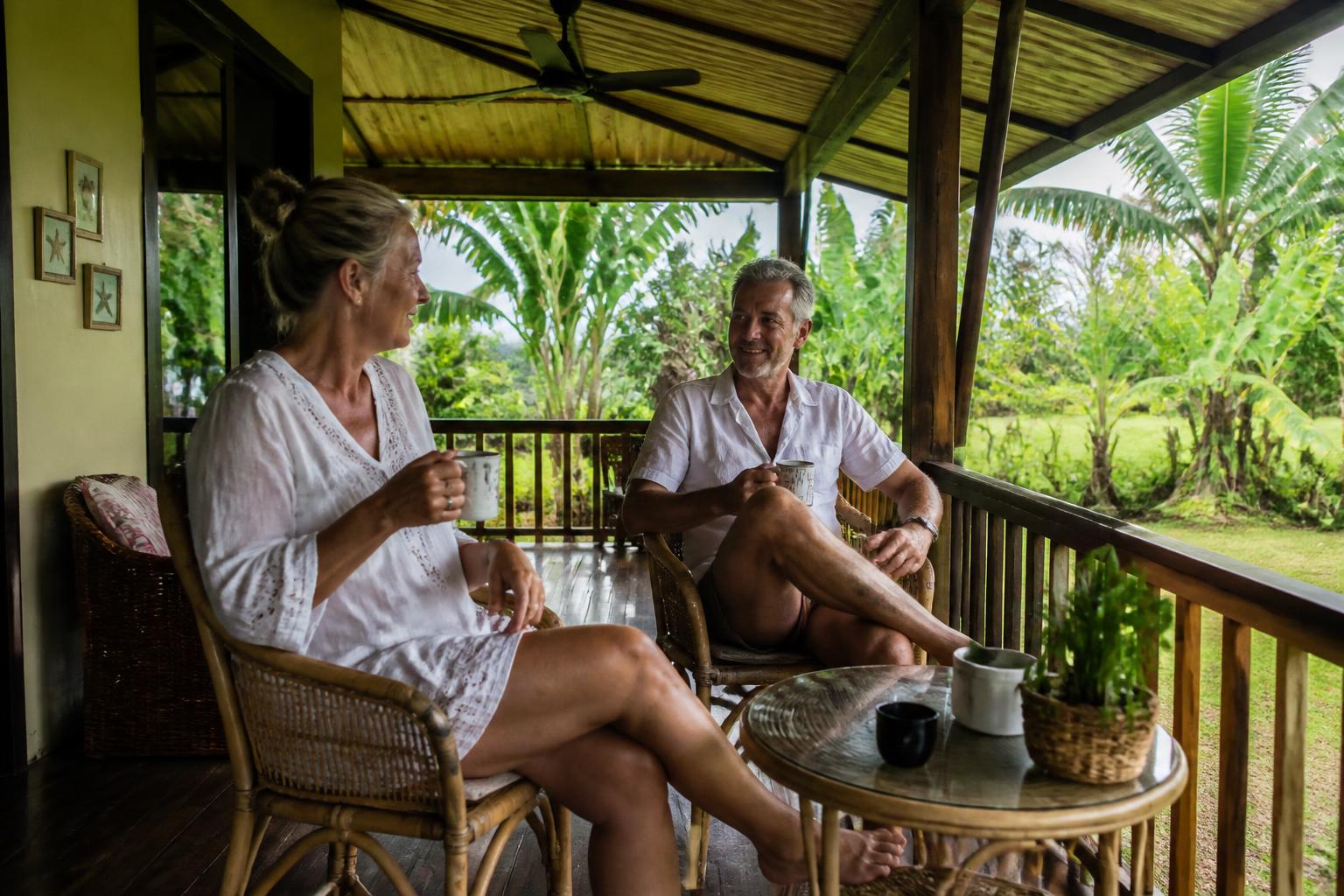 Couple d'expatriés prenant son café du matin sur la terrasse en bois de sa maison tropicale aux Philippines, entourée d'un jardin luxuriant